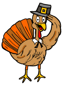 Cartoon turkey wearing pilgrim hat